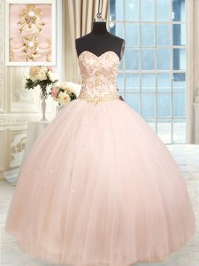 Sleeveless Satin and Tulle Floor Length Lace Up Sweet 16 Dress in Baby Pink with Beading and Embroidery