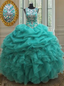 Scoop See Through Beading and Ruffles and Pick Ups Sweet 16 Dresses Turquoise Lace Up Sleeveless Floor Length