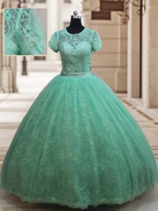 Free and Easy Apple Green Quinceanera Dresses Military Ball and Sweet 16 and Quinceanera and For with Lace Scoop Short Sleeves Zipper