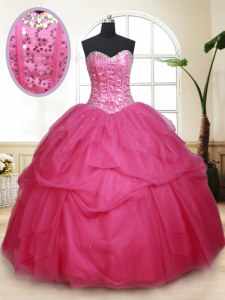 Hot Selling Sequins Hot Pink Sleeveless Tulle Lace Up Quinceanera Gown for Military Ball and Sweet 16 and Quinceanera