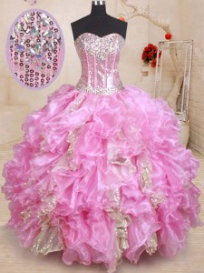Charming Sleeveless Floor Length Beading and Ruffles and Sequins Lace Up Ball Gown Prom Dress with Lilac