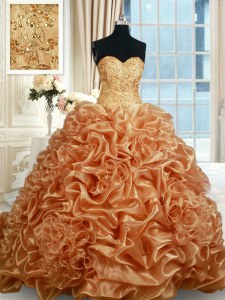 Fabulous Sleeveless Beading and Ruffles and Pick Ups Lace Up Sweet 16 Quinceanera Dress with Champagne Brush Train
