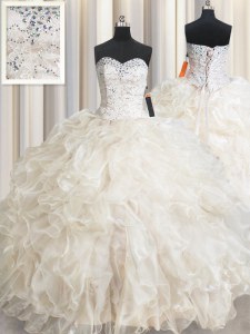 Champagne Ball Gowns Beading and Lace and Ruffles Quinceanera Gown Lace Up Organza Sleeveless Floor Length
