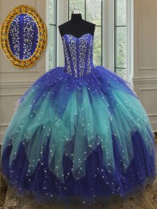 Modern Sweetheart Sleeveless 15th Birthday Dress Floor Length Beading and Ruffles Royal Blue and Aqua Blue Tulle