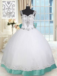 Noble Straps Taffeta and Tulle Sleeveless Floor Length 15th Birthday Dress and Beading and Lace and Bowknot