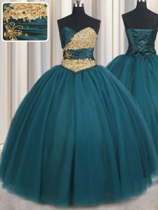 Sleeveless Tulle Floor Length Lace Up Sweet 16 Quinceanera Dress in Teal with Beading