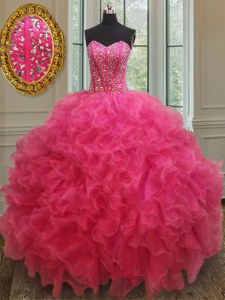 Hot Pink Organza Lace Up Sweetheart Sleeveless Floor Length Vestidos de Quinceanera Beading and Ruffles