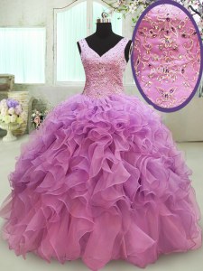 Fashion Sleeveless Organza Floor Length Lace Up Sweet 16 Dresses in Lilac with Beading and Ruffles