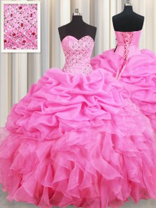 Rose Pink Sleeveless Floor Length Beading and Ruffles and Pick Ups Lace Up Quinceanera Dress