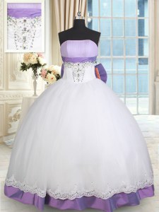 Floor Length Lace Up Vestidos de Quinceanera White And Purple for Military Ball and Sweet 16 and Quinceanera with Beading and Lace and Bowknot