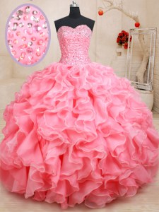 Pink Sleeveless Beading and Ruffles Floor Length Quinceanera Gown