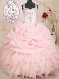 Baby Pink Organza Zipper Straps Sleeveless Floor Length Quinceanera Gowns Beading and Ruffles and Pick Ups