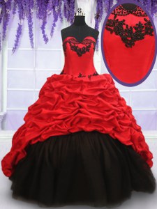 Luxurious With Train Red And Black Sweet 16 Dresses Organza and Taffeta Brush Train Sleeveless Appliques and Pick Ups
