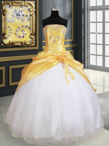 Hot Selling Yellow And White Ball Gowns Organza and Taffeta Strapless Sleeveless Beading and Pick Ups and Hand Made Flower Floor Length Lace Up Sweet 16 Quinceanera Dress