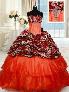Pretty Orange Red Ball Gowns Organza Sweetheart Sleeveless Beading Lace Up Sweet 16 Dresses Brush Train