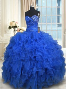 Royal Blue Organza Lace Up Quince Ball Gowns Sleeveless Floor Length Beading and Ruffles
