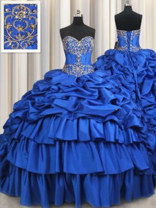 Elegant Sleeveless Taffeta With Brush Train Lace Up Quince Ball Gowns in Royal Blue with Beading and Ruffled Layers and Pick Ups