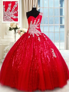 Tulle One Shoulder Sleeveless Lace Up Beading and Appliques Quinceanera Gown in Red