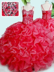 Hot Sale Red Ball Gowns Organza Spaghetti Straps Sleeveless Beading and Ruffles Floor Length Lace Up 15 Quinceanera Dress