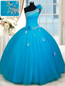 One Shoulder Sleeveless Quinceanera Dress Floor Length Beading and Appliques and Hand Made Flower Baby Blue Tulle