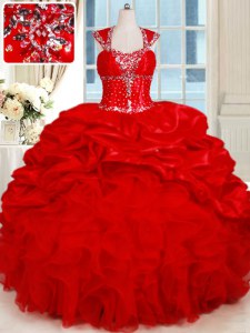 Backless Floor Length Red Quince Ball Gowns Organza and Taffeta Cap Sleeves Ruffles and Pick Ups