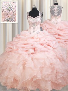 Pink Ball Gowns Organza Straps Sleeveless Beading and Ruffles and Pick Ups Zipper Sweet 16 Quinceanera Dress Brush Train
