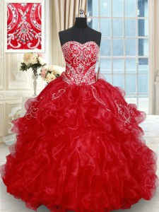Sleeveless Beading and Embroidery and Ruffled Layers Lace Up Sweet 16 Dresses with Red Brush Train