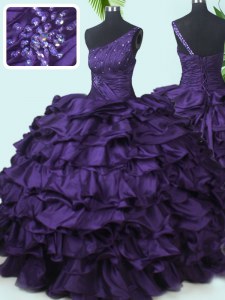 Suitable One Shoulder Purple Sleeveless Floor Length Beading and Pick Ups Lace Up Sweet 16 Quinceanera Dress