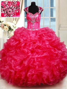 Cap Sleeves Organza Floor Length Backless 15 Quinceanera Dress in Hot Pink with Beading and Ruffles
