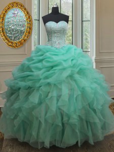 Floor Length Lace Up Sweet 16 Quinceanera Dress Apple Green for Military Ball and Sweet 16 and Quinceanera with Beading and Ruffles and Pick Ups