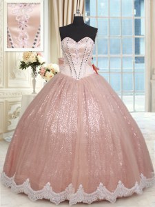 Dramatic Peach Ball Gowns Beading and Lace and Bowknot Sweet 16 Dress Lace Up Tulle Sleeveless Floor Length