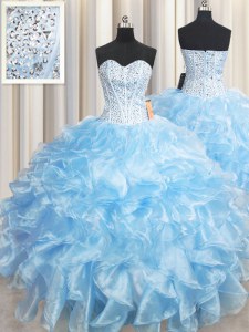 Beautiful Light Blue Organza Lace Up Sweet 16 Dress Sleeveless Floor Length Beading and Ruffles