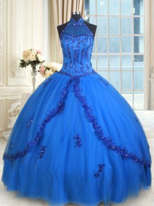 Designer See Through Ball Gowns 15 Quinceanera Dress Blue Halter Top Tulle Sleeveless Floor Length Lace Up