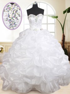 Great Organza Sweetheart Sleeveless Lace Up Beading and Pick Ups Sweet 16 Dress in White