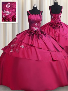 Romantic Straps Sleeveless Quinceanera Dresses Floor Length Embroidery and Hand Made Flower Burgundy Satin
