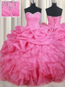 Sleeveless Organza Floor Length Lace Up Vestidos de Quinceanera in Rose Pink with Beading and Ruffles and Pick Ups