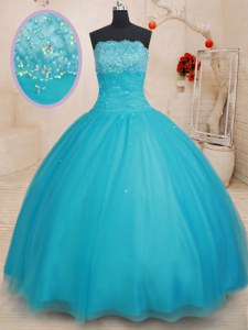 Dazzling Scalloped Tulle Sleeveless Floor Length Quince Ball Gowns and Beading