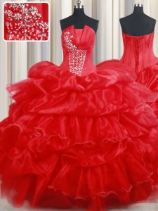 Clearance Red Strapless Lace Up Beading and Pick Ups Sweet 16 Dresses Sleeveless