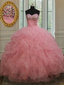 Sleeveless Organza Lace Up 15th Birthday Dress in Baby Pink with Beading and Ruffles and Sequins