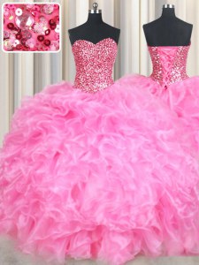 Rose Pink Quinceanera Dresses Military Ball and Sweet 16 and Quinceanera and For with Beading and Ruffles and Sequins Sweetheart Sleeveless Lace Up