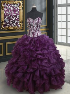 Dark Purple Ball Gowns Sweetheart Sleeveless Organza Floor Length Lace Up Beading and Ruffles Sweet 16 Dresses