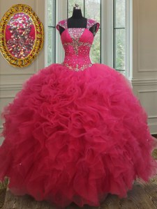 High Quality Square Cap Sleeves Tulle 15th Birthday Dress Beading and Ruffles Lace Up