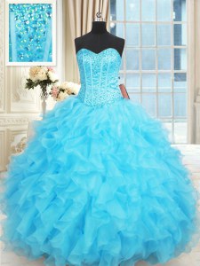New Style Aqua Blue Lace Up Sweet 16 Quinceanera Dress Beading and Ruffles and Ruffled Layers Sleeveless Floor Length
