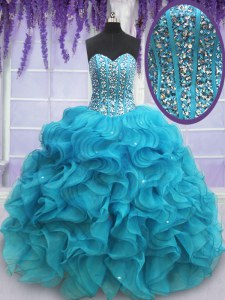 Teal Sleeveless Beading and Ruffles Floor Length Quinceanera Gown