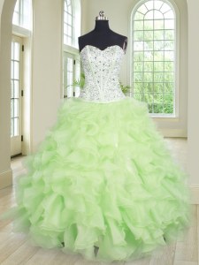 Best Yellow Green Organza Lace Up Sweetheart Sleeveless Floor Length Quince Ball Gowns Beading and Ruffles