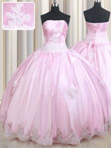 Strapless Sleeveless Quinceanera Gowns Floor Length Appliques Baby Pink Taffeta