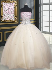 Champagne Ball Gowns Tulle Strapless Sleeveless Beading Floor Length Lace Up Ball Gown Prom Dress