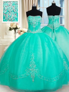 Cheap Ball Gowns Vestidos de Quinceanera Turquoise Strapless Organza Sleeveless Floor Length Lace Up
