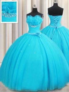 On Sale Aqua Blue Sleeveless Tulle Lace Up Sweet 16 Dress for Military Ball and Sweet 16 and Quinceanera