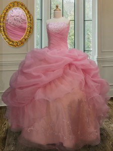 Luxurious Organza Sleeveless Floor Length Sweet 16 Quinceanera Dress and Embroidery and Pick Ups
